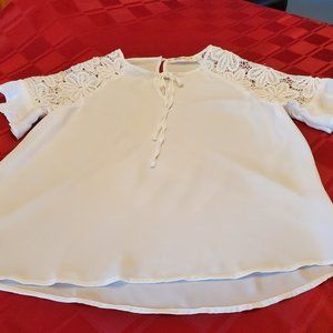 White Lace Sleeve Tie Neck Top  Size L